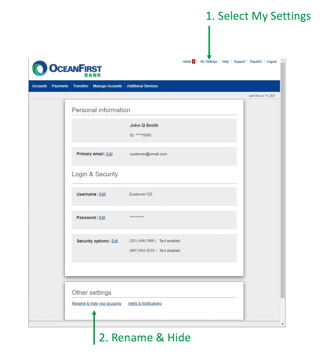 screenshot of removing account in online banking