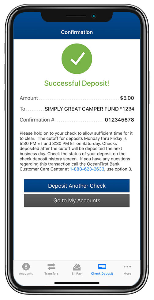 Mobile Check Deposit Confirmation Screen