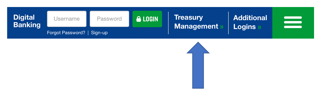 The digital log in bar with an arrow pointing to the Treasury Management